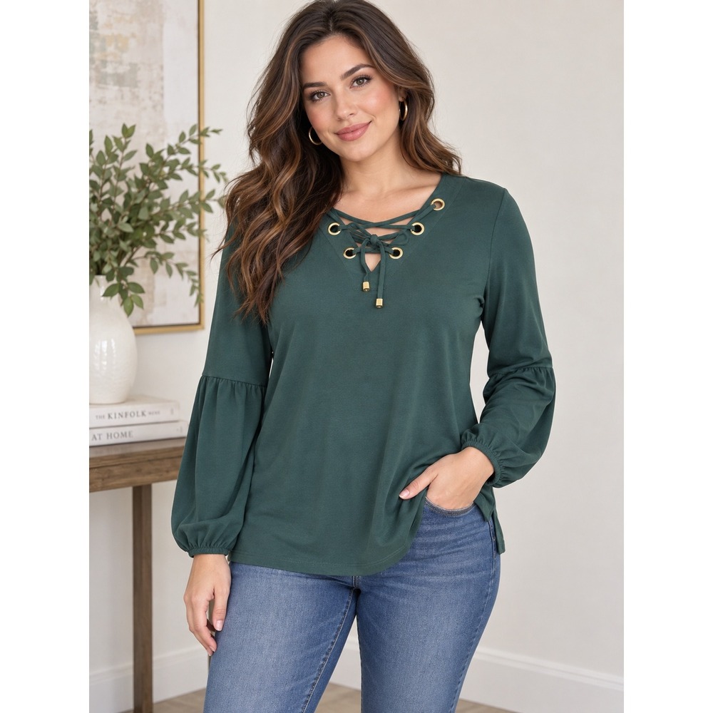 Michael Kors Blouse Green Lace Up Puff Sleeve Modern Chic XS Workwear